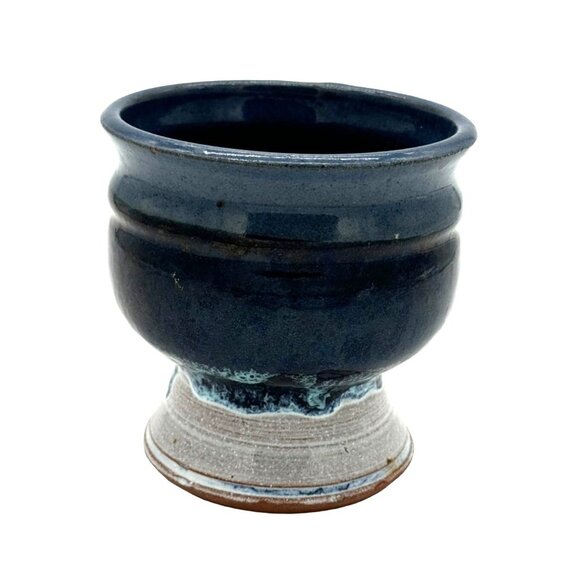 Signed Studio Pottery Footed Mug Cup Blue Glazed Red Clay 4"H x 4"Diam - Picture 4 of 8